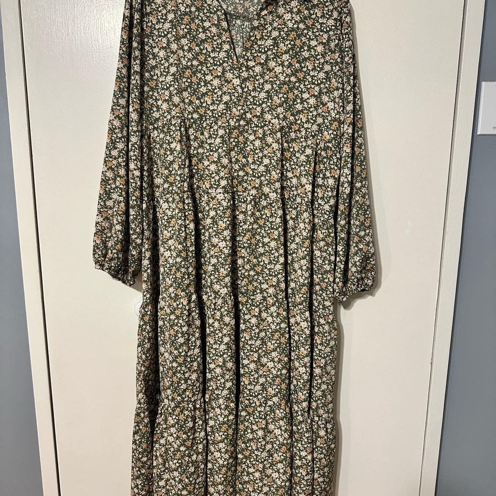 Umgee Floral Long Sleeve Dress - Green and White